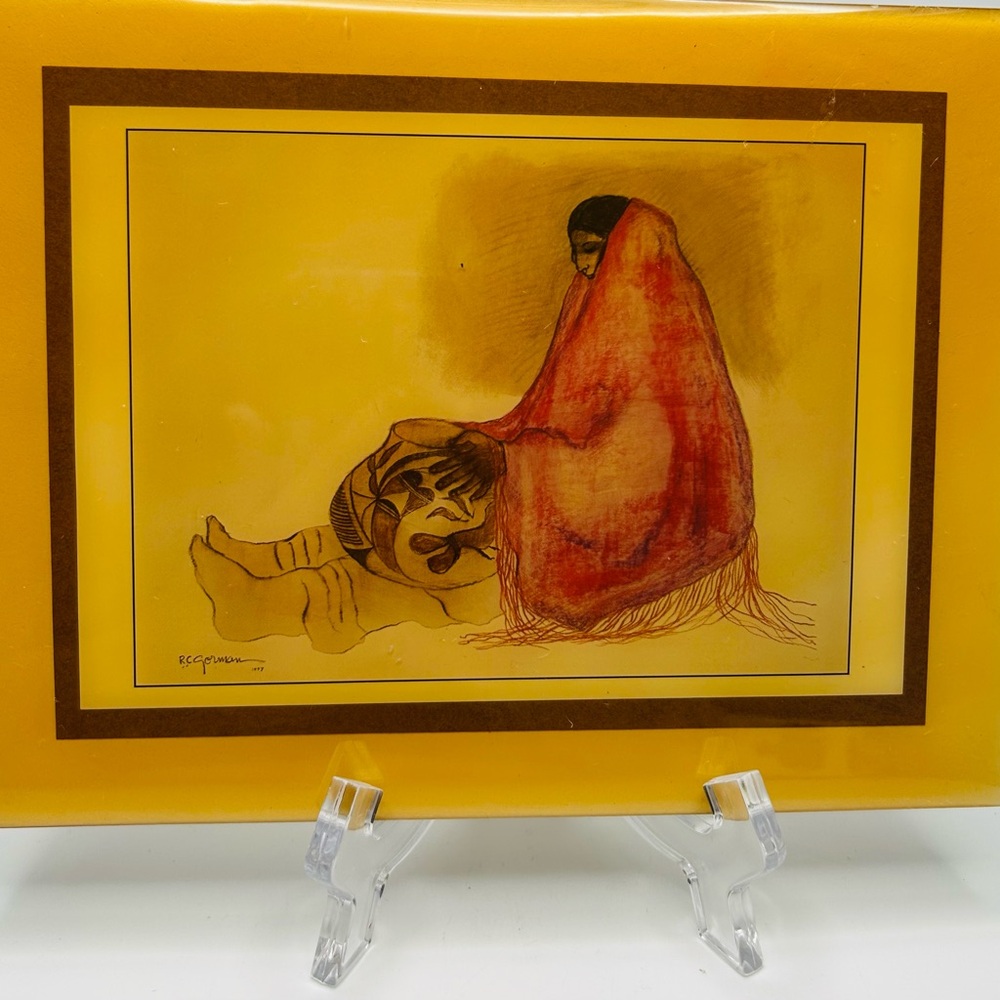 Navajo woman in red blanket. Signed collectible tile.